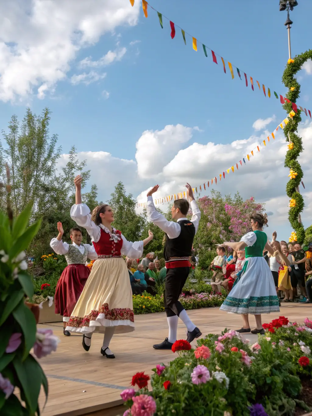 A photograph of a community event celebrating local traditions, with people dressed in traditional attire and participating in cultural activities.