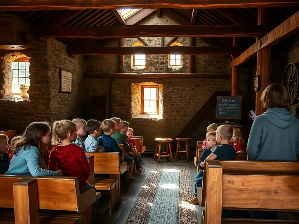 A group of children participating in a historical reenactment workshop at the old mill, dressed in period costumes, learning about traditional crafts and daily life in Puymoyen.