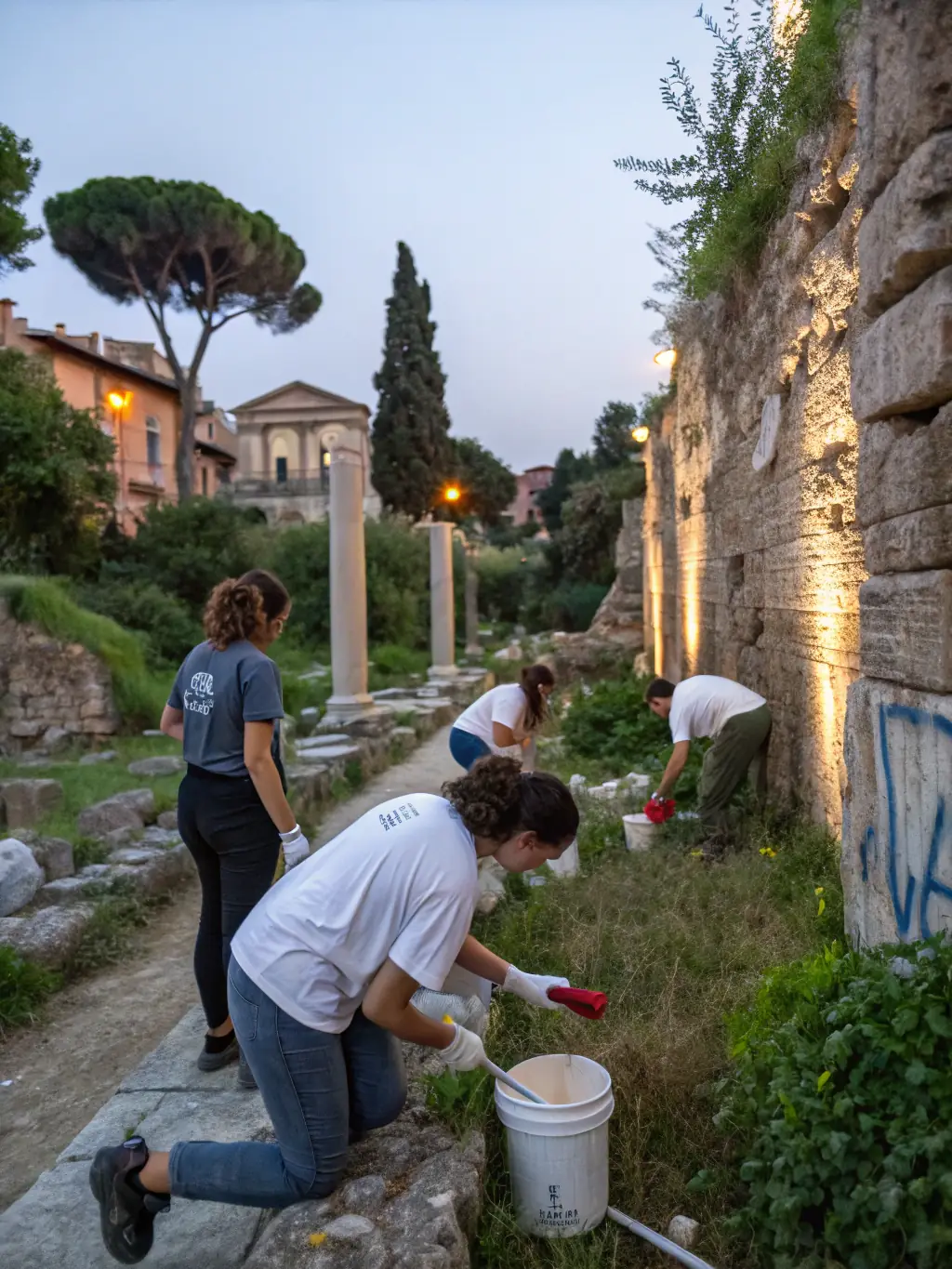 A photograph of volunteers cleaning and restoring ancient artifacts found during an archaeological dig in Puymoyen.