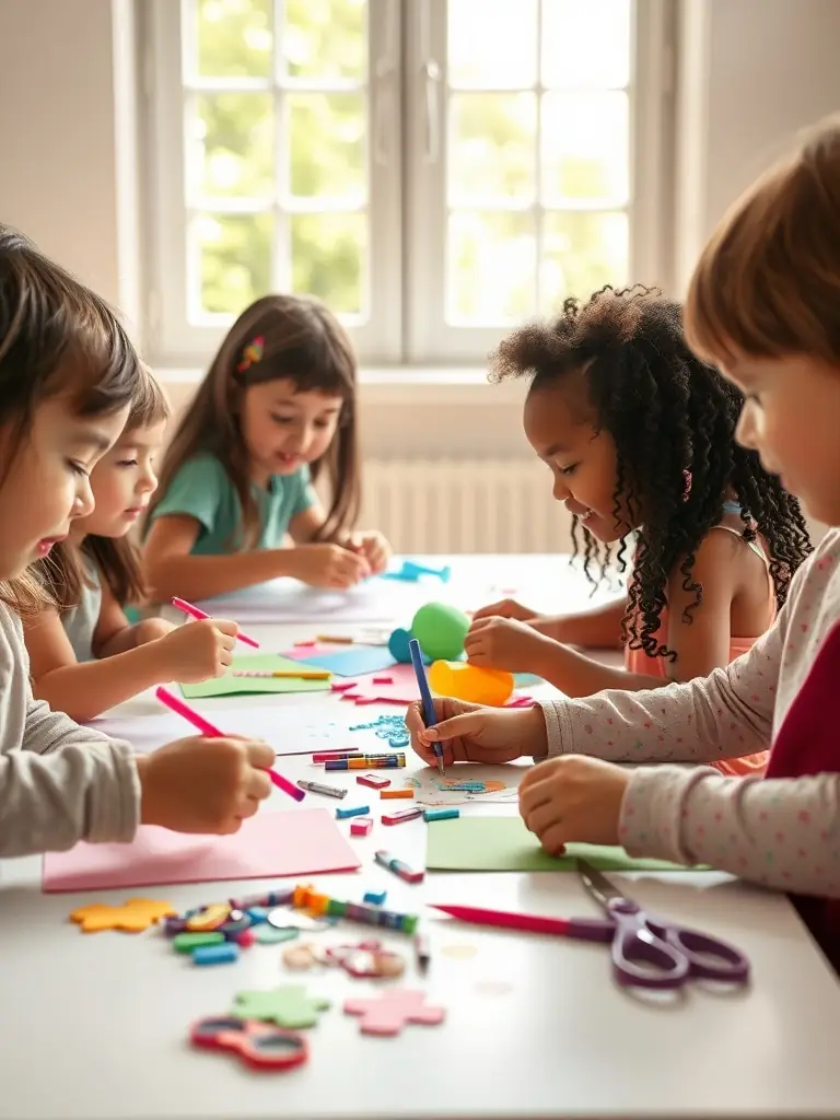A vibrant image of children participating in a historical workshop in Puymoyen, learning about traditional crafts and local history, with a focus on hands-on engagement and educational impact.