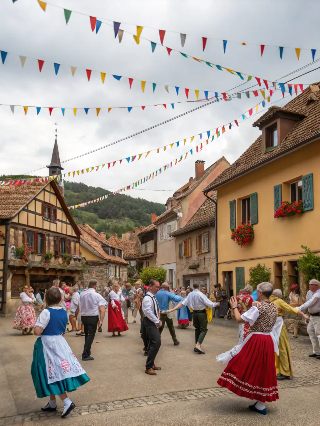 A photograph capturing a lively cultural festival in Puymoyen, featuring traditional music, dance, and local cuisine, with a focus on community engagement and celebration of heritage.