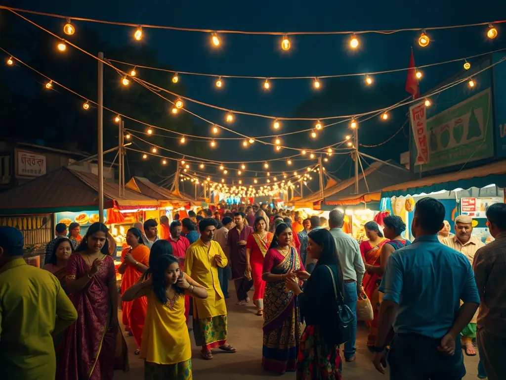 A vibrant scene from a cultural festival in Puymoyen, featuring traditional music, dance performances, local food vendors, and artisans showcasing their crafts, creating a lively and festive atmosphere.