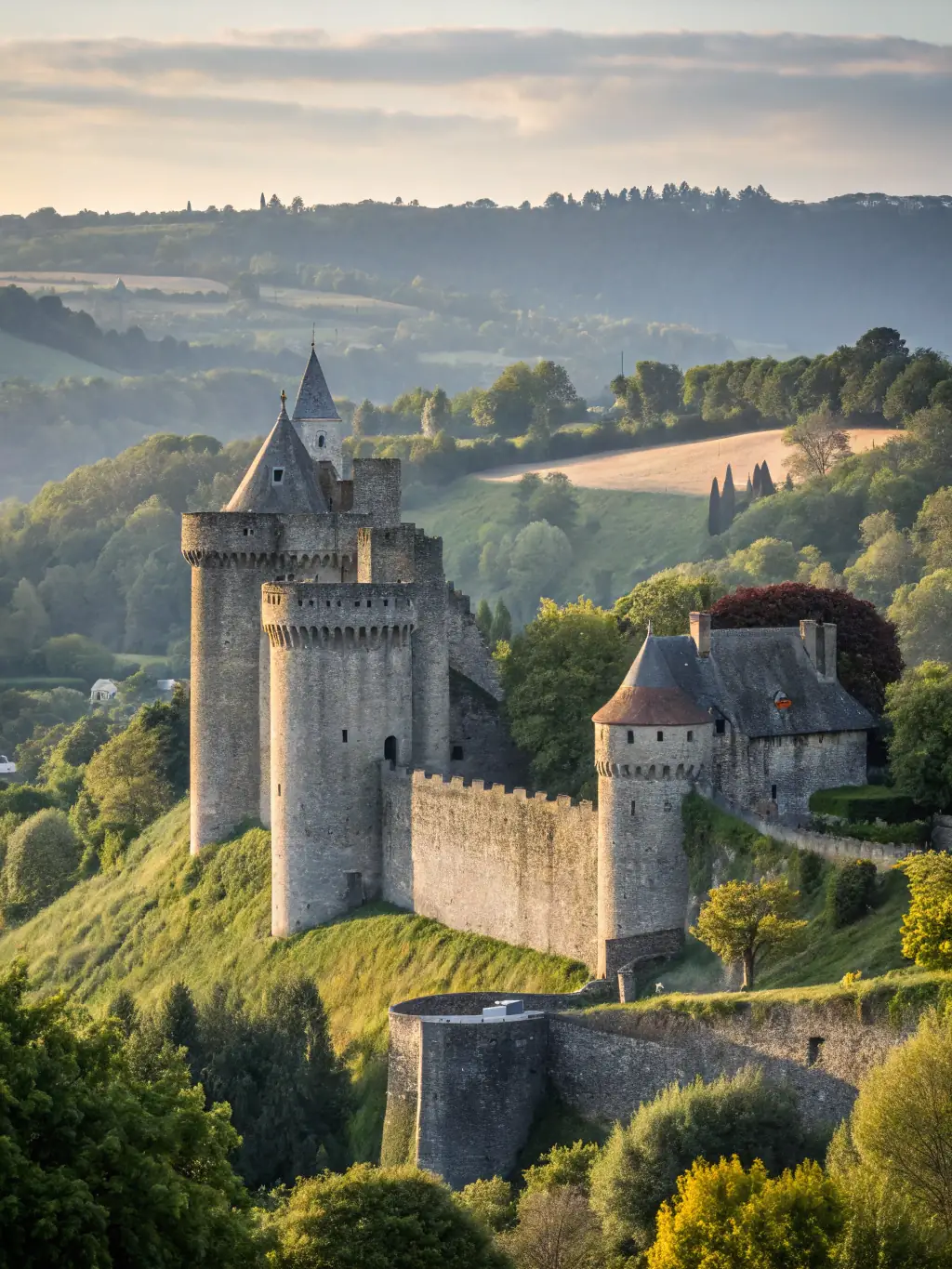 A photograph of the Château de Puymoyen before restoration, showing its original state and architectural details.